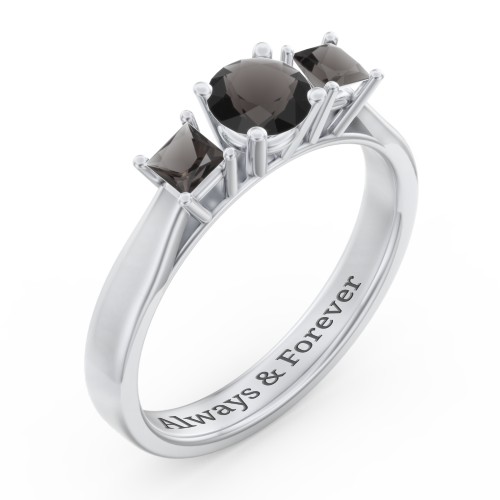 Three Stone Eternity with Princess Accents Ring – Sterling Silver with Smokey Quartz