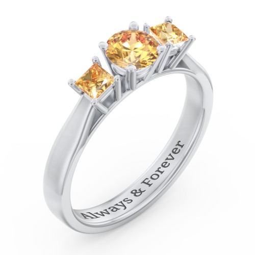 Three Stone Eternity with Princess Accents Ring – Sterling Silver with Citrine
