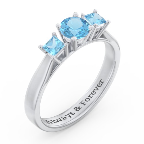 Three Stone Eternity with Princess Accents Ring – Sterling Silver with Blue Topaz