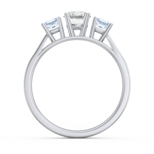 Three Stone Eternity with Princess Accents Ring – Sterling Silver with Cubic Zirconia and Aquamarine