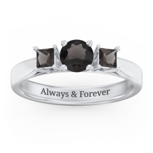 Three Stone Eternity with Princess Accents Ring – Sterling Silver with Smokey Quartz