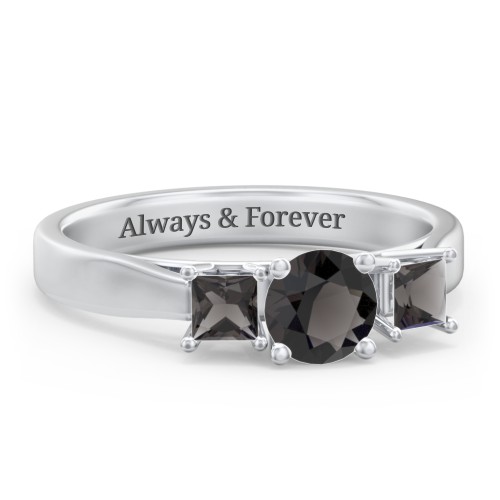 Three Stone Eternity with Princess Accents Ring – Sterling Silver with Smokey Quartz