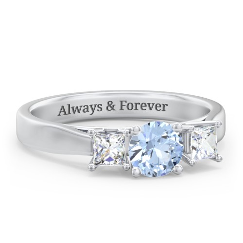 Three Stone Eternity with Princess Accents Ring – Sterling Silver with Aquamarine and Cubic Zirconia