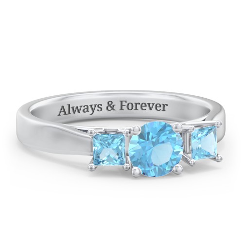 Three Stone Eternity with Princess Accents Ring – Sterling Silver with Blue Topaz