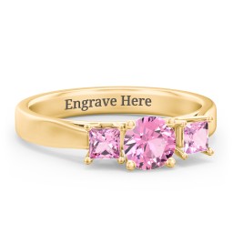 Three Stone Eternity with Princess Accents Ring in 10K Solid Yellow Gold with Pink Tourmaline