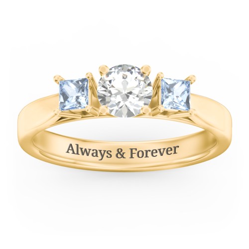 Three Stone Eternity with Princess Accents Ring – 10K Yellow Gold with Cubic Zirconia and Aquamarine