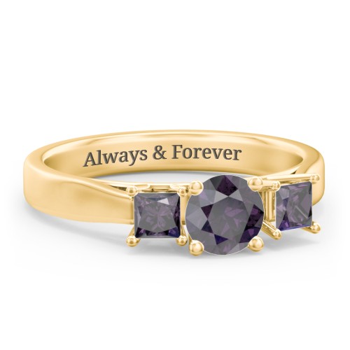 Three Stone Eternity with Princess Accents Ring – 10K Yellow Gold with Alexandrite