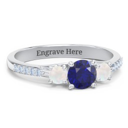 Three Stone Eternity Ring with Twin Accent Rows in 10K Solid White Gold with Blue Sapphire, Opal, and Fancy Blue Premium Zirconia