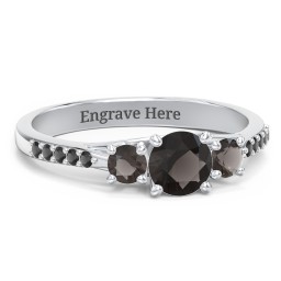 Three Stone Eternity Ring with Twin Accent Rows in 925 Sterling Silver with Smokey Quartz and Black Premium Zirconia
