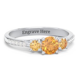 Three Stone Eternity Ring with Twin Accent Rows in 925 Sterling Silver with Citrine and White Premium Zirconia