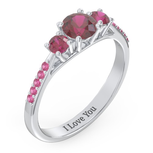 Three Stone Eternity Ring with Twin Accent Rows – Sterling Silver with Ruby and Red Premium Zirconia