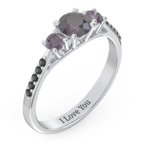 Three Stone Eternity Ring with Twin Accent Rows – Sterling Silver with Alexandrite and Black Premium Zirconia