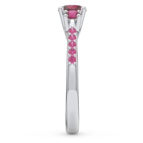 Three Stone Eternity Ring with Twin Accent Rows – Sterling Silver with Ruby and Red Premium Zirconia