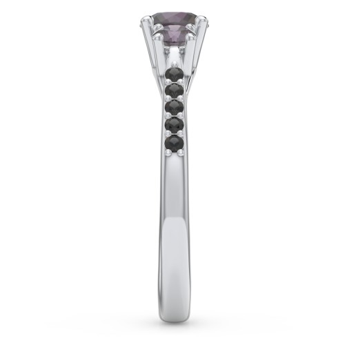 Three Stone Eternity Ring with Twin Accent Rows – Sterling Silver with Alexandrite and Black Premium Zirconia