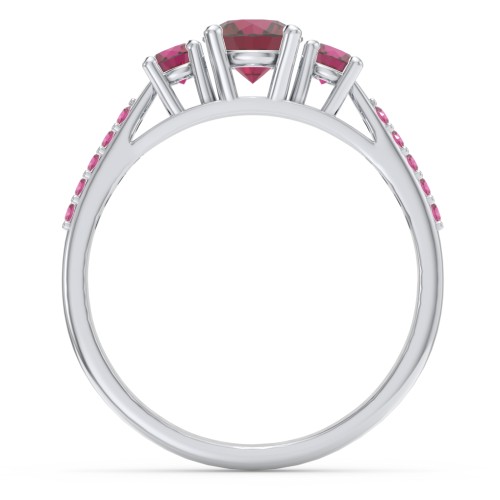 Three Stone Eternity Ring with Twin Accent Rows – Sterling Silver with Ruby and Red Premium Zirconia