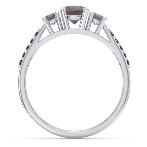 Three Stone Eternity Ring with Twin Accent Rows – Sterling Silver with Alexandrite and Black Premium Zirconia
