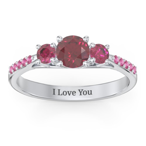 Three Stone Eternity Ring with Twin Accent Rows – Sterling Silver with Ruby and Red Premium Zirconia