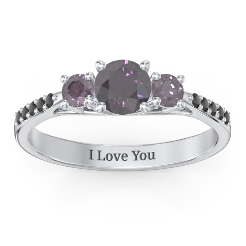 Three Stone Eternity Ring with Twin Accent Rows – Sterling Silver with Alexandrite and Black Premium Zirconia