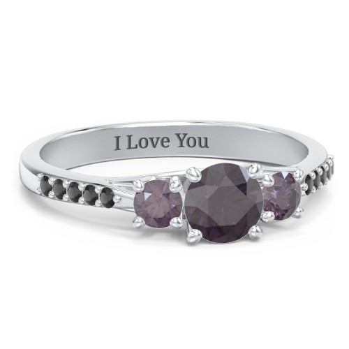 Three Stone Eternity Ring with Twin Accent Rows – Sterling Silver with Alexandrite and Black Premium Zirconia