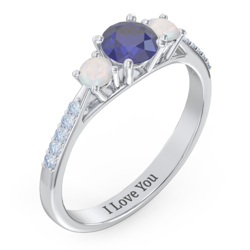 Three Stone Eternity Ring with Twin Accent Rows – 10K White Gold with Blue Sapphire, Opal, and Fancy Blue Premium Zirconia