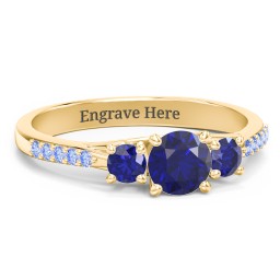Three Stone Eternity Ring with Twin Accent Rows in 10K Solid Yellow Gold with Blue Sapphire and Fancy Blue Premium Zirconia