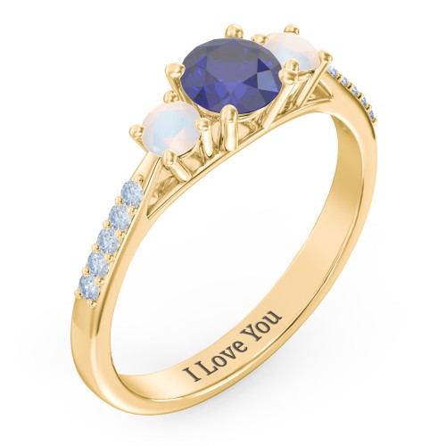 Three Stone Eternity Ring with Twin Accent Rows – 10K Yellow Gold with Blue Sapphire, Opal, and Fancy Blue Premium Zirconia