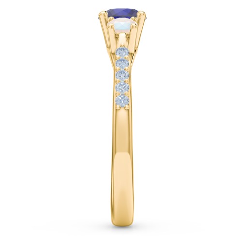 Three Stone Eternity Ring with Twin Accent Rows – 10K Yellow Gold with Blue Sapphire, Opal, and Fancy Blue Premium Zirconia