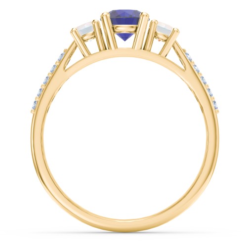 Three Stone Eternity Ring with Twin Accent Rows – 10K Yellow Gold with Blue Sapphire, Opal, and Fancy Blue Premium Zirconia