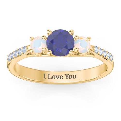Three Stone Eternity Ring with Twin Accent Rows – 10K Yellow Gold with Blue Sapphire, Opal, and Fancy Blue Premium Zirconia