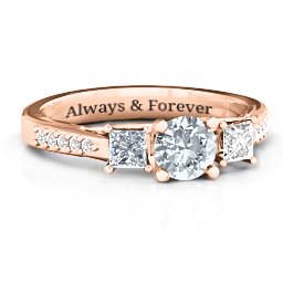 Three Stone Eternity Ring with Twin Accent Rows in 10K Solid Rose Gold with Cubic Zirconia and White Premium Zirconia