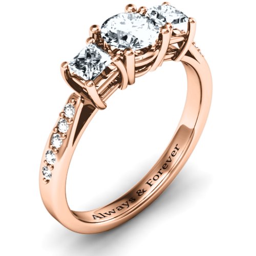 Three Stone Eternity Ring with Twin Accent Rows – 10K Rose Gold with Cubic Zirconia and White Premium Zirconia