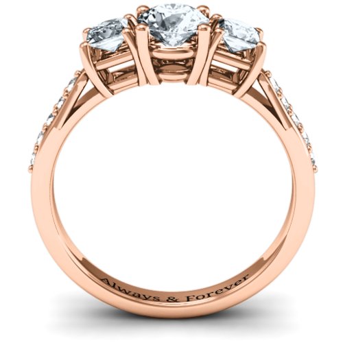 Three Stone Eternity Ring with Twin Accent Rows – 10K Rose Gold with Cubic Zirconia and White Premium Zirconia