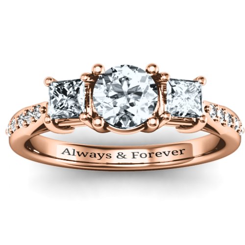 Three Stone Eternity Ring with Twin Accent Rows – 10K Rose Gold with Cubic Zirconia and White Premium Zirconia