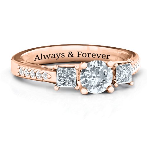 Three Stone Eternity Ring with Twin Accent Rows – 10K Rose Gold with Cubic Zirconia and White Premium Zirconia
