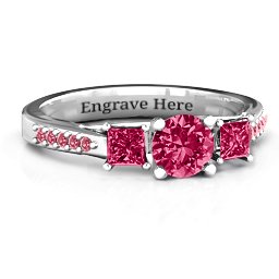 Three Stone Eternity Ring with Twin Accent Rows in 925 Sterling Silver with Ruby and Red Premium Zirconia