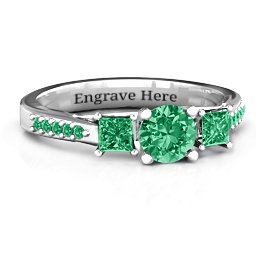 Three Stone Eternity Ring with Twin Accent Rows in 925 Sterling Silver with Emerald and Green Premium Zirconia