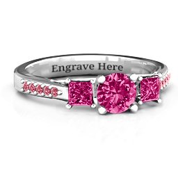 Three Stone Eternity Ring with Twin Accent Rows in 925 Sterling Silver with Ruby and Red Premium Zirconia
