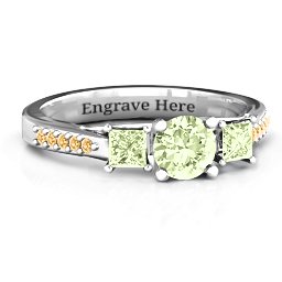 Three Stone Eternity Ring with Twin Accent Rows in 925 Sterling Silver with Peridot and Fancy Yellow Premium Zirconia