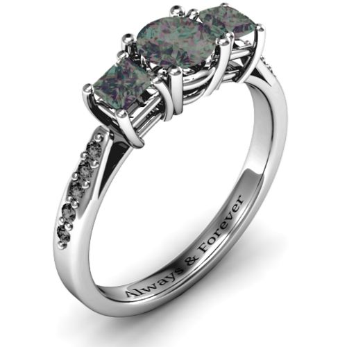 Three Stone Eternity Ring with Twin Accent Rows – Sterling Silver with Alexandrite and Black Premium Zirconia