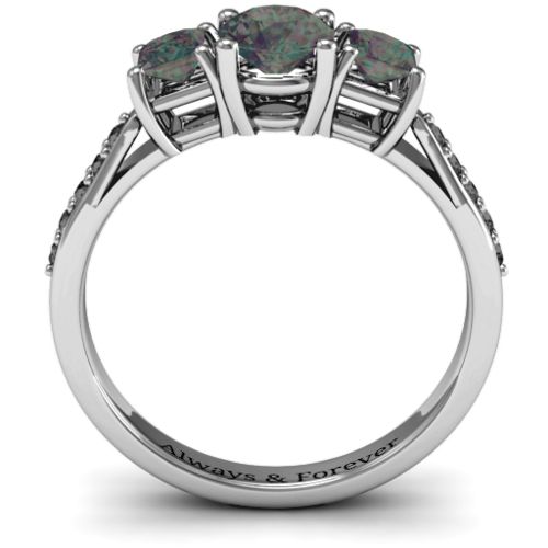 Three Stone Eternity Ring with Twin Accent Rows – Sterling Silver with Alexandrite and Black Premium Zirconia