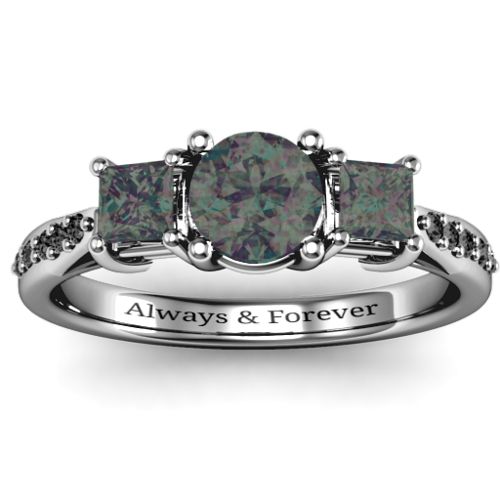 Three Stone Eternity Ring with Twin Accent Rows – Sterling Silver with Alexandrite and Black Premium Zirconia