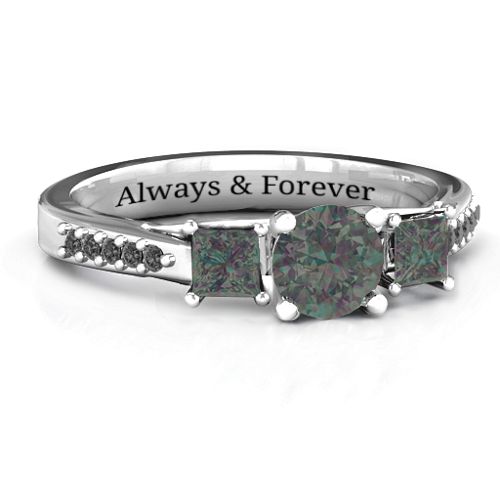Three Stone Eternity Ring with Twin Accent Rows – Sterling Silver with Alexandrite and Black Premium Zirconia