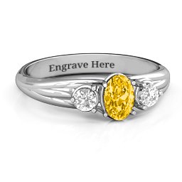 Three Stone Oval Center Ring in 925 Sterling Silver with Golden Yellow Premium Zirconia and White Premium Zirconia