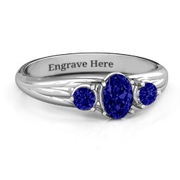 Three Stone Oval Center Ring in 925 Sterling Silver with Blue Sapphire