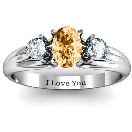 Three Stone Oval Center Ring – Sterling Silver with Citrine and Cubic Zirconia