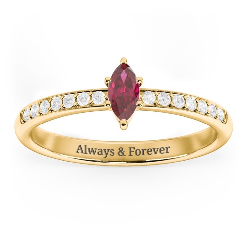 Elegant Marquise with Accent Band Ring – 10K Yellow Gold with Ruby and White Premium Zirconia