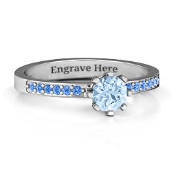 8 Prong Set Solitaire Ring with Shoulder Accents in 925 Sterling Silver with Aquamarine and Fancy Blue Premium Zirconia