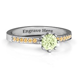 8 Prong Set Solitaire Ring with Shoulder Accents in 925 Sterling Silver with Peridot and Fancy Yellow Premium Zirconia
