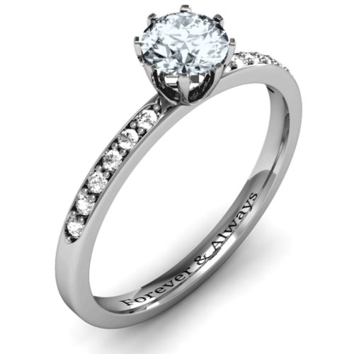 8 Prong Set Solitaire Ring with Shoulder Accents – Sterling Silver with Cubic Zirconia and White Premium Zirconia
