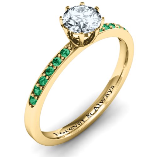 8 Prong Set Solitaire Ring with Shoulder Accents – 10K Yellow Gold with Cubic Zirconia and Green Premium Zirconia